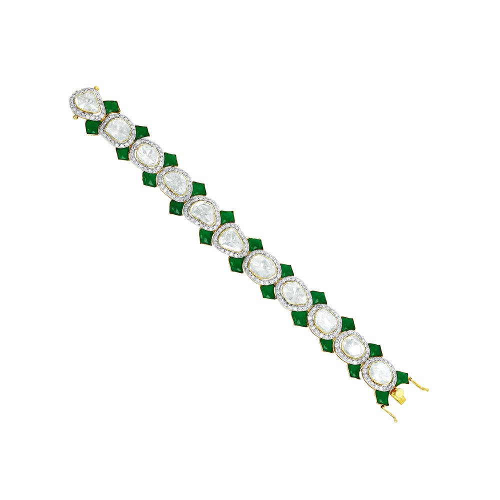 Polki and Green Stone Bracelet with Full-Cut Diamond Frames
